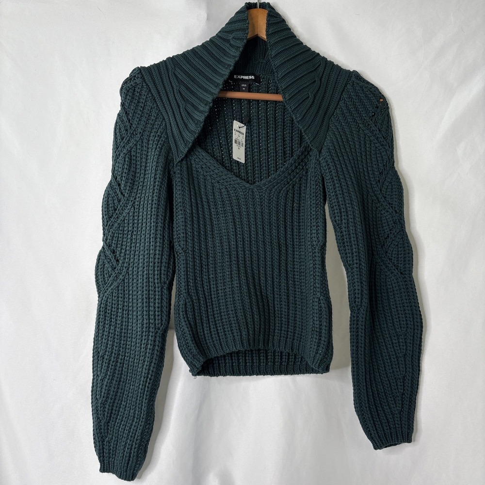 Express Women's XS Dark Green Cable Knit Sweater‎ V-neck High Neck NEW